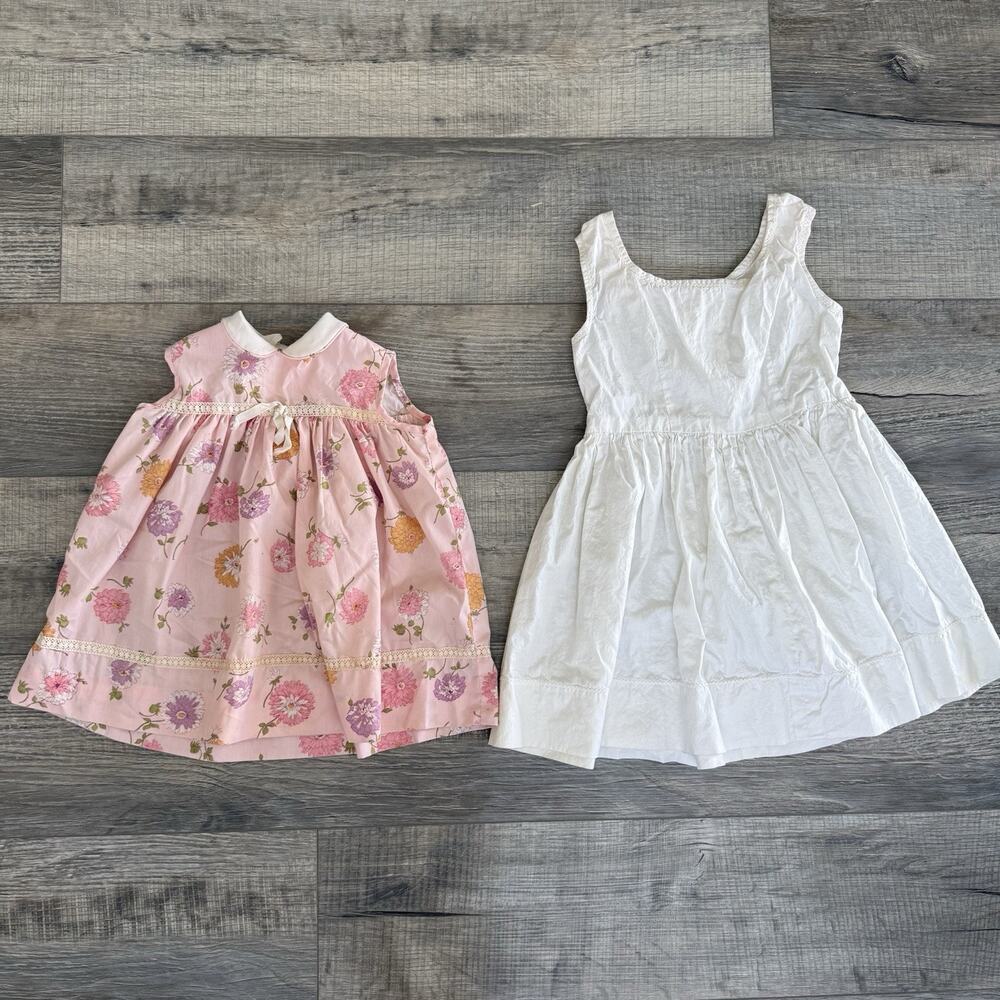 Vtg Girls Dress Lot 3T 4T Peter Pan Collar Floral USA Sun Dress Pink White Retro
